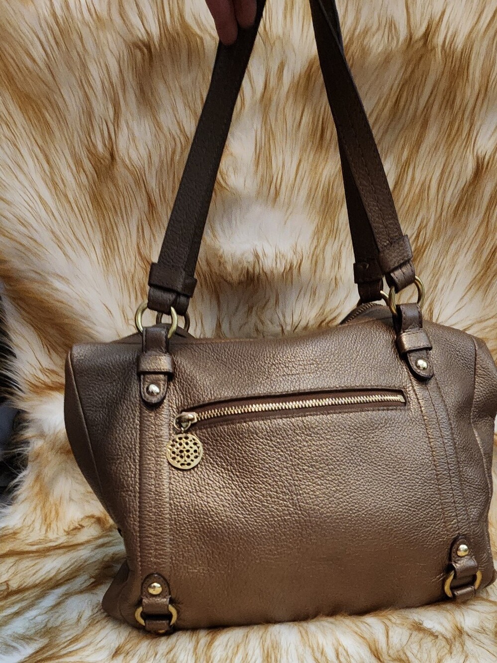 Coach Bronze-Tone Leather Shoulder Bag with Gold Hardware